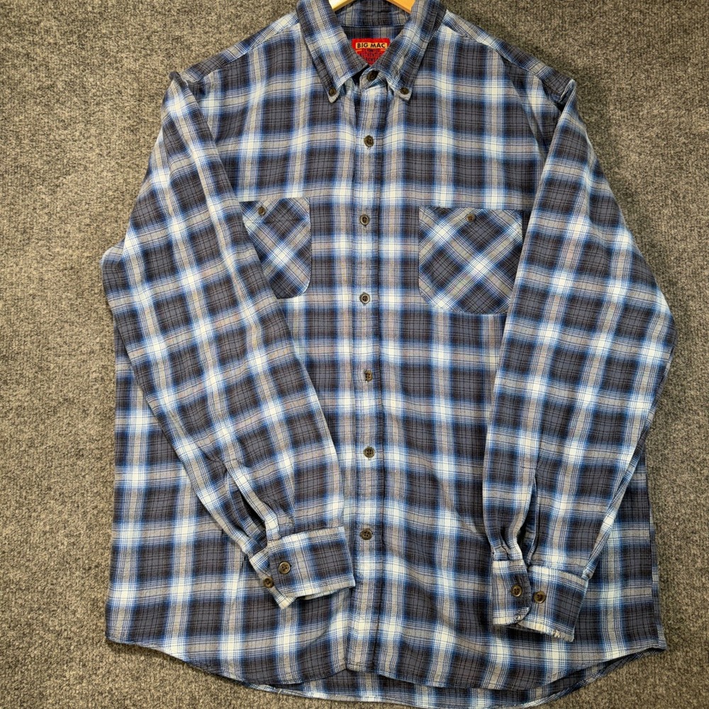 Big Mac Authentic Workwear Plaid Mens Large Blue Grey Flannel Shirt Vintage Y2K